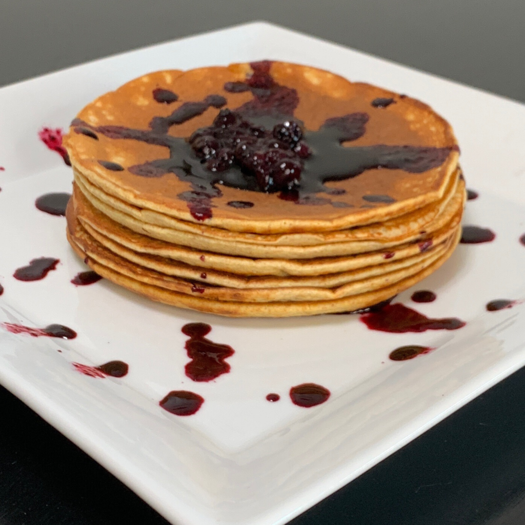 Protein Pancakes With Fresh Blueberry Syrup Recipe.