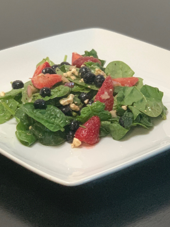 Strawberry and Blueberry Spinach Salad. 4th of July Side Dish Recipe.