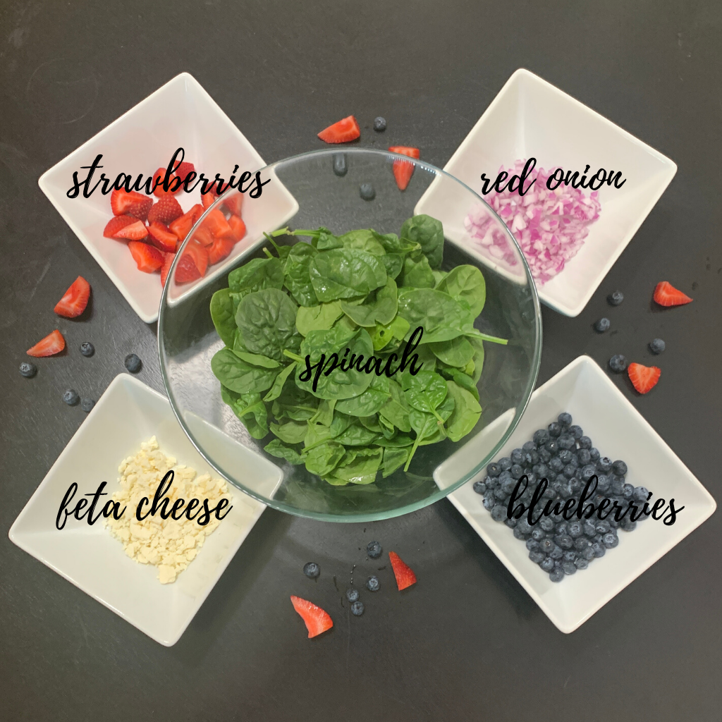 Strawberry and Blueberry Spinach Salad Ingredients.