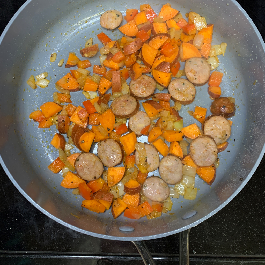 Sweet Potato and Chicken Sausage Scramble - Sautéing 