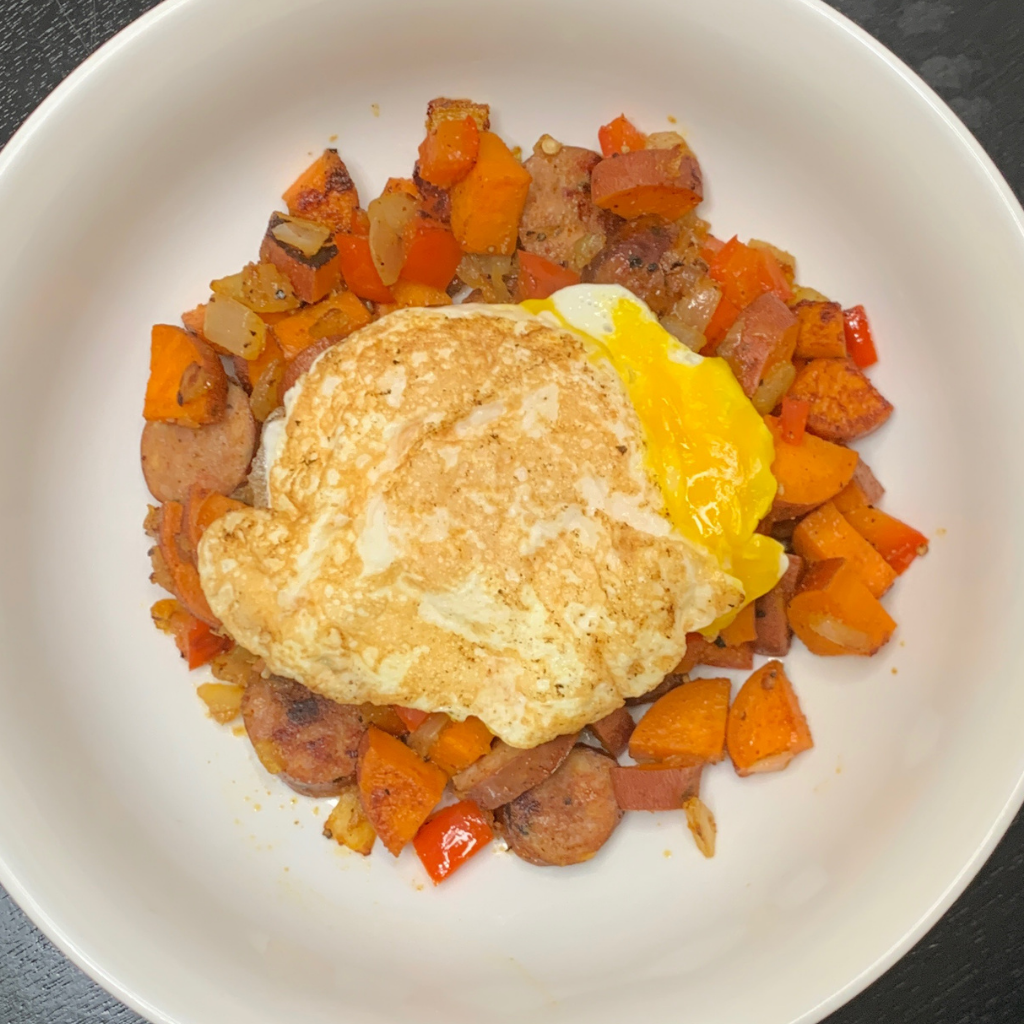 Sweet Potato and Chicken Sausage Scramble - With an Over-Easy Egg Instead